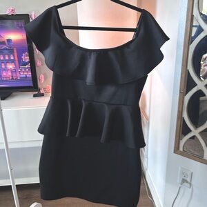 $15! Classic flounce shoulders peplum little black mini dress